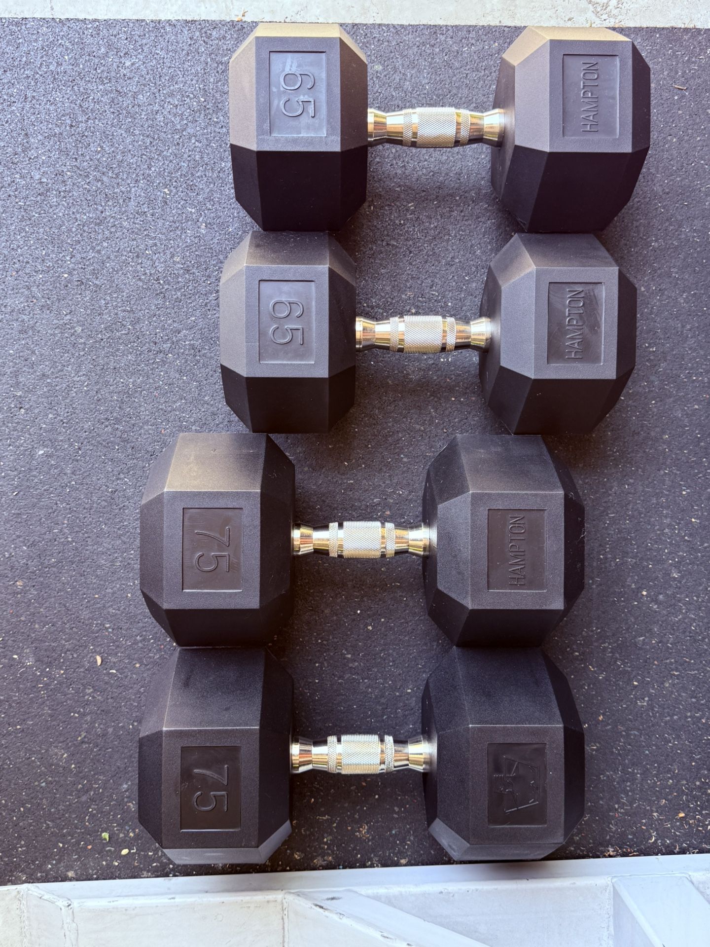 Pair Of 65 & 75 lbs. Rubber Hexagon Dumbbells. Hamilton