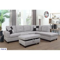New Light Grey Sectional With Ottoman 