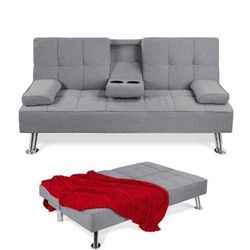 Upholstered Convertible Sofa Bed Futon w/ 2 Cupholder