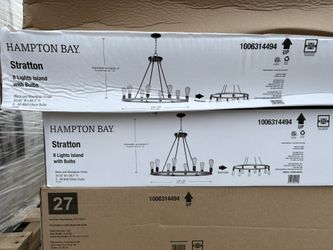 Hampton Bay Stratton 8-Light Black and Woodgrain Island Wagon Wheel, Industrial Farmhouse Dining Room Chandelier with Bulbs Included 