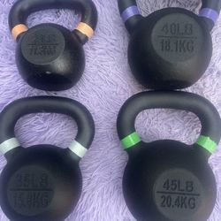 NEW  KETTLEBELLS :  25lb. = $40  /  35lb.  = $50  /  40lb.  =  $60  /  45lb.  =  $65   •   10s  15s  30s  50s  also available : 10s  • 20s  • 30 • 80s