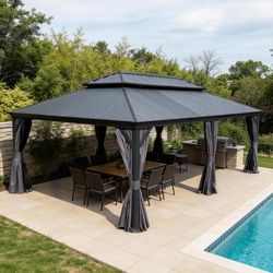 14'x24' Hardtop Gazebo with Resin Roof, Outdoor Metal Gazebo with Drainage Gutters, Permanent Heavy Duty Pavilion for Patio, Backyard and Deck, Curtai