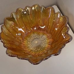  Iridescent Yellow Indiana Glass Bowl “Wild Rose w/Leaves & Berries 