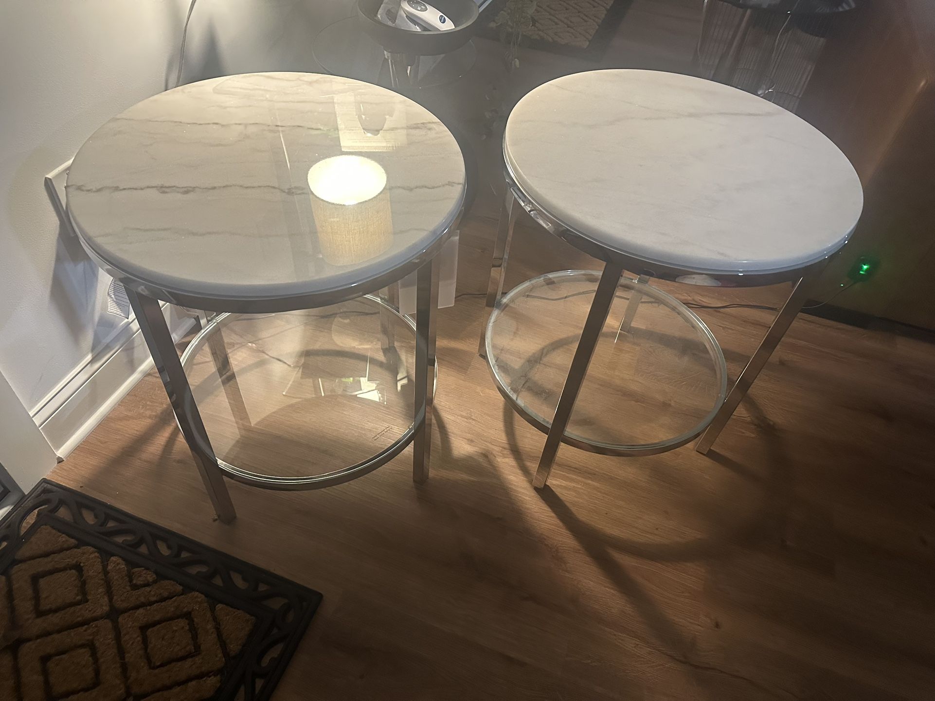 Modern Round Marble End Tables - White (Set of Two)