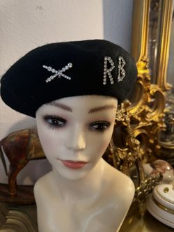 Ruslan Baginsky Beret Hat Wool Elegant Rhinestone Monogram 
