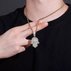 Micro Iced Out Hamsa Hand 14k Gold Pendant 
