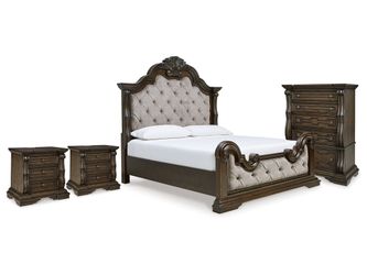 Maylee Dark Brown King Upholstered Panel Bed, Chest and 2 Nightstands