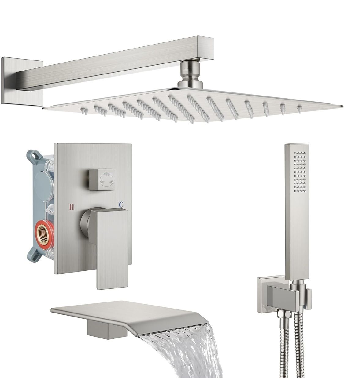 Midanya Shower System with Tub Spout,Bathtub Shower Faucet Set with Square Rainfall Head and Handheld Sprayer Wall Mount Tub Faucet Set with Valve and