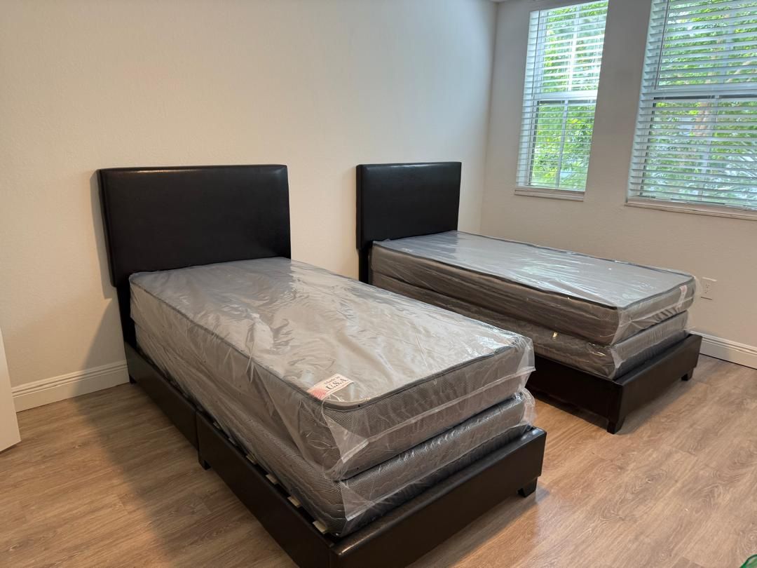 TWO NEW BED FRAME WITH MATTRESS AND BOX SPRING