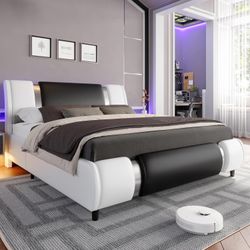 Modern Queen Size Bed Frame with Mirror Metal Decoration, Faux Leather Upholstered Platform Bed with Curved Headboard, Wooden Slats Support, No Box Sp
