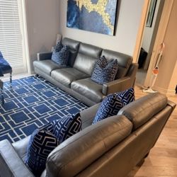 MOVE OUT SALE, Pair of Leather Couches With Accent Pillows