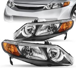 For 2006-2011 Honda Civic Sedan  Black Amber Headlights Assembly Left+Right