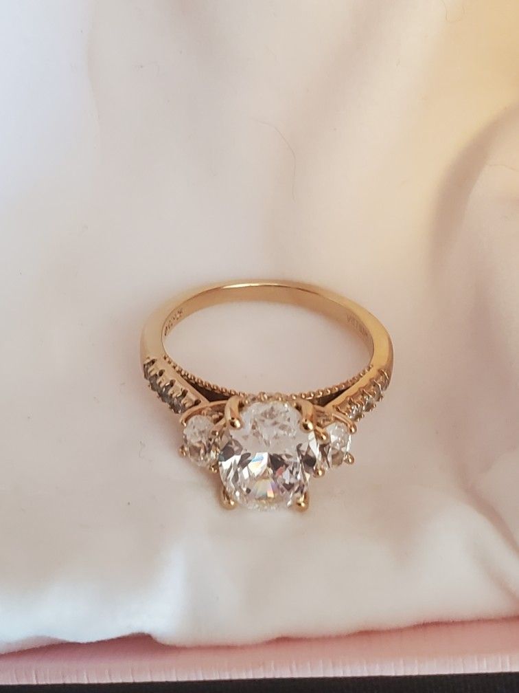 Diamonique 14k Gold Plated .925 Sterling Silver 3 Stone CZ Ring Oval Cut size 8