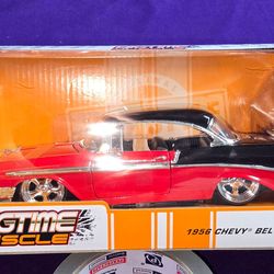 1956 Chevrolet Bel Air 1:24 scale Die Cast Car  from Jada Toys' "Bigtime Muscle" series, featuring a red and black two-tone paint job. 
Brand: Jada To