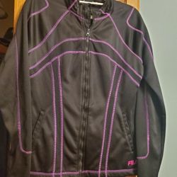 Womens FILA Sport Branded Logo Jacket Size Medium Black Purple Fitted Pockets Zipper Workout