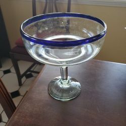 Vintage Large  Mexican Hand-blown Margarita Goblet Glass/Bowl Cobalt Blue Rim