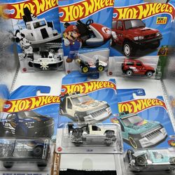 Hot Wheels Lot Of 6 Collectible New Cars. Mario, Mickey M. Silverado. (Box 25)
