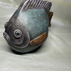 handmade ceramic fish sculpture with a green, brown, and blue glaze