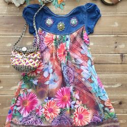 6-6X GIRLS TWO-TONE CHAMBRAY & MULTICOLOR FLORAL SHEER OVERLAY DRESS