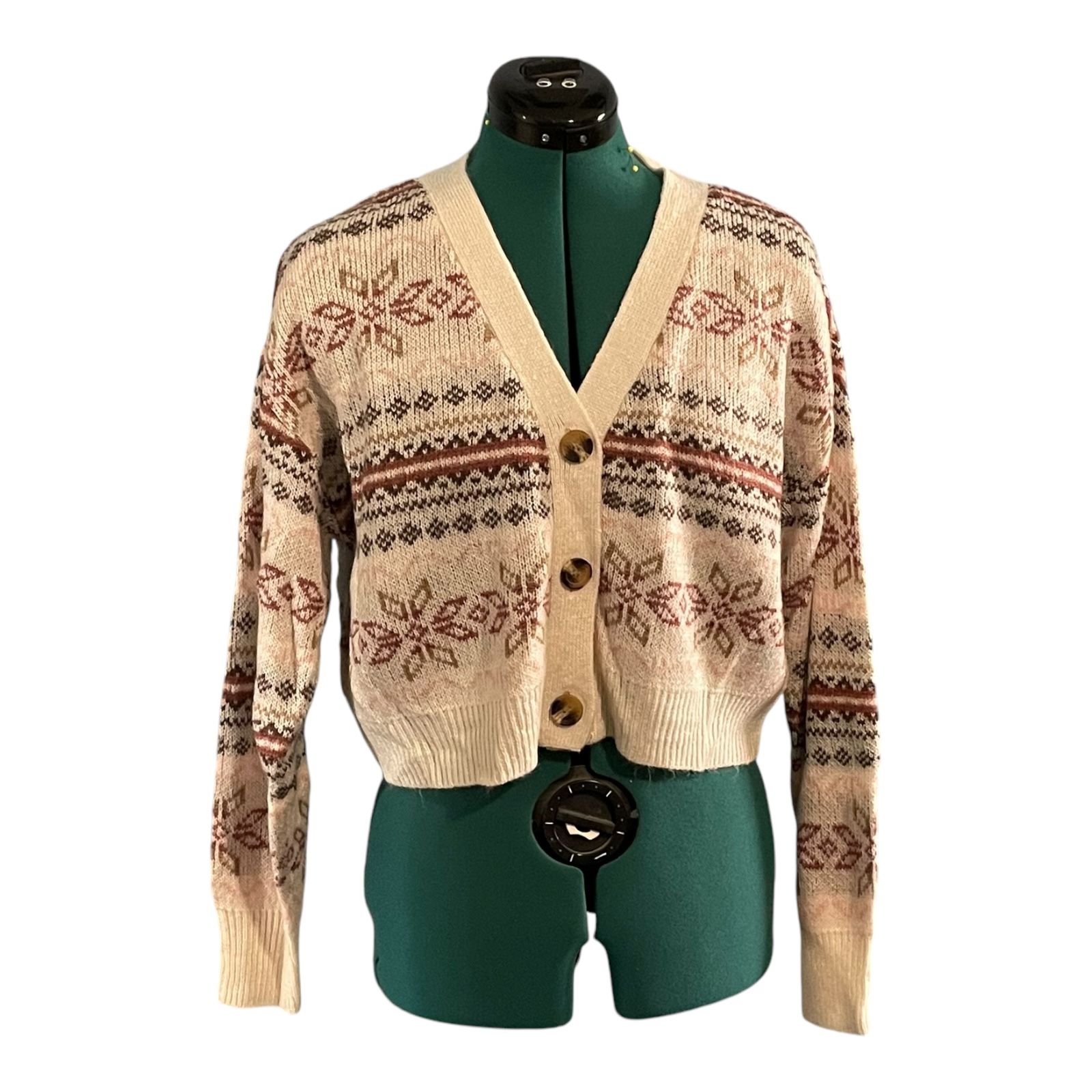 No Comment Button Front LS Cardigan Argyle Snowflake Junior Small Excellent 