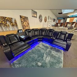 Black Leather Power Recliner Sectional Sofa with LED Lighting