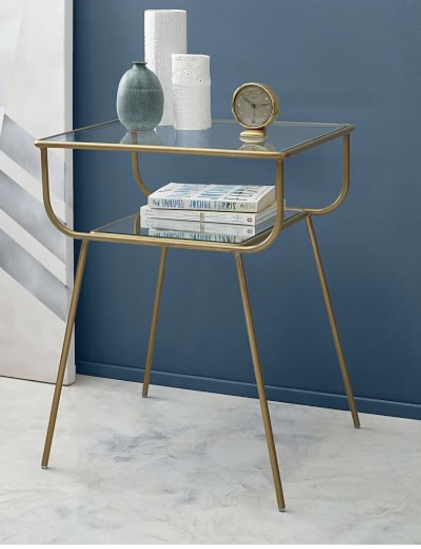 Like New! West Elm Curved Terrace Glass Mirror Gold Metal Nightstand