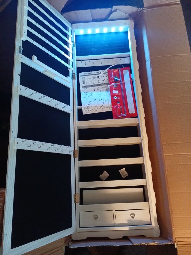 Full-Length- 4ft. Mirror Jewelry Cabinet with 6 LED Lights, Wall Door Mounted Large Jewelry Armoire