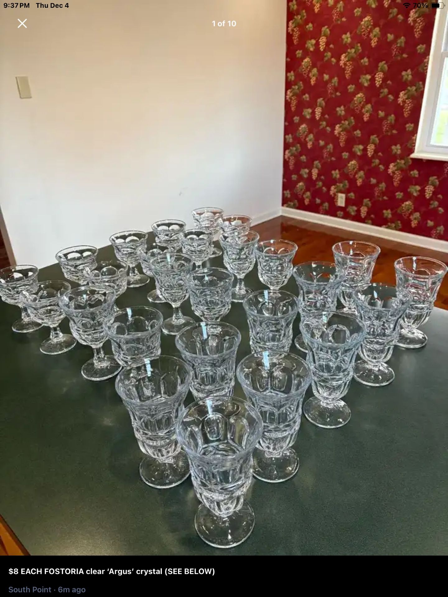 $175 FOR ALL 26 OR $8 EACH) FOSTORIA clear ‘Argus’ crystal -10 iced tea glasses, 6 water glasses, 10 sherbet/dessert glasses $8.00 EACH or $175 for A