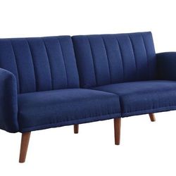 SOFA COUCH MID CENTURY MODERN BLUE LINEN WALNUT FINISH FUTON SOFA ADJUSTABLE BED - SILLON CAMA