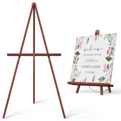 63" Brown Wood Tripod Display Easel Stand For Wedding, Event Signage 