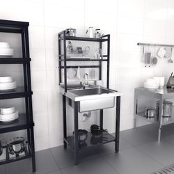 67"H Commercial Sink 304 Stainless Steel Sink with Adjustable Shelves and Hanging Rod with Hooks, Freestanding Utility Sink for Restaurant Kitchen Lau