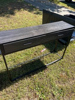 FREE— console table, wagon, table lamp, black rolling shades, Alex drawers, and desk to go with drawers