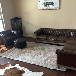Chesterfield 6 Seater Couch, Chair And Storage Ottoman 