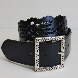 Brighton Women's Black Leather Belt Cut Out Flowers Square Silver Buckle ~ Size 32