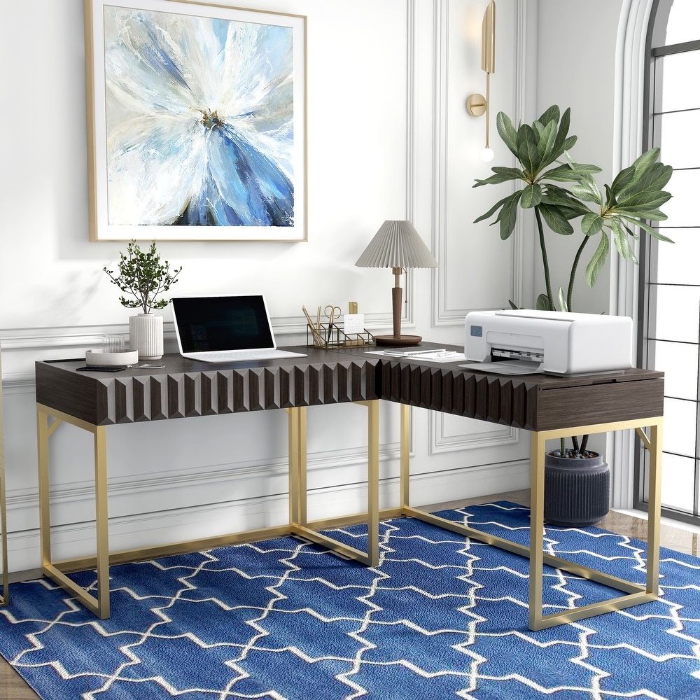 ART DECO VIBE WALNUT TWO TONE FINISH GOLD STEEL FRAME L SHAPE HOME OFFICE RECEPTION DESK LIFT TOP ESCRITORIO DECOR PIECES ACCENTS