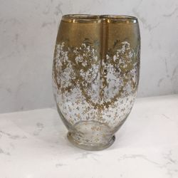 Antique Unusual Shaped Glass Vase With Patterned Gold Color Overlay