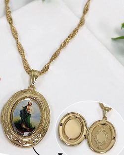 This elegant 18k gold  Plating Saint Jude locket necklace is perfect for daily wear, religious milestones, or as a meaningful gift for someone seeking