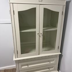 Vintage White armoire Vanity closet / Cabinet with Glass Doors & Storage