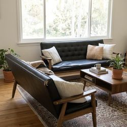 Mid Century Modern Sofa Set – Wood Frame – Project / Reupholster Option