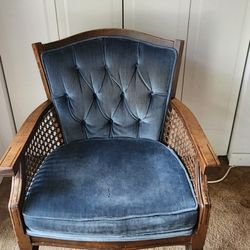 Rattan Wood And Blue Cushioned Chair 