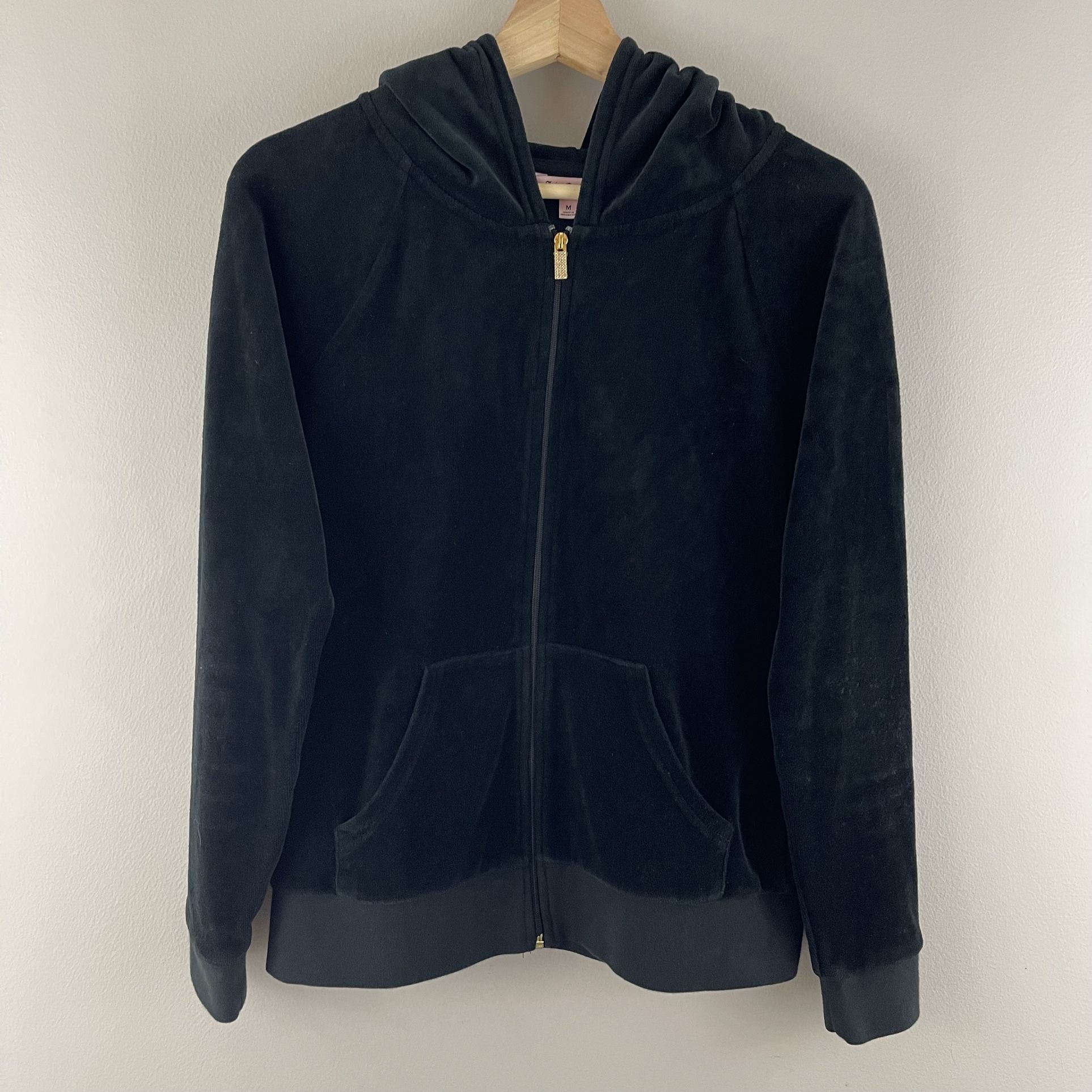JUICY COUTURE Y2K Black Velvet Velour Hooded Tracksuit Jacket Sweatshirt