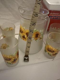 🌻 Briliant Ceramic & Glass Sunflower Pitcher Set – Frosted Glass, 6 Cups + 9” Pitcher 🌻