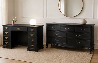 Vintage French Provincial Black Serpentine Dresser & Desk Set