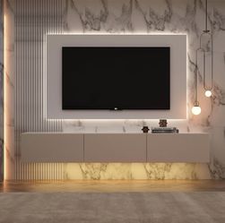 Floating T V Stan d Wall Mounted, Non-Glossy Entertain ment Cent er with 3 Drawers & 16-Color LED Lights, Modern T V Cabine t Consol e Shel f, White 6