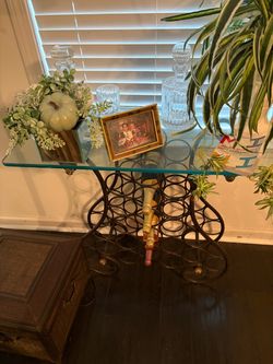 Wrought Iron Glass Top Wine Rack Table