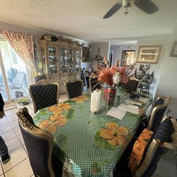 Table, Chairs, Wooden Cabinet Shelf