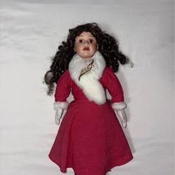 Vintage Porcelain Doll – 19” Collectible Doll – Red Dress with Faux Fur Trim & Brooch