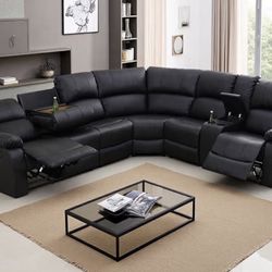 Black Leather Fully Reclining Sectional Couch 