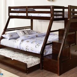 Brand New Espresso Twin Over Full Bunk Bed w Staircase + Trundle Bed