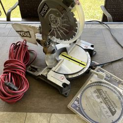 Ryobi 10” Miter Saw ~ 3 Blades ( 2 New ) ~ 100 Ft Electrical Cord < Nice!